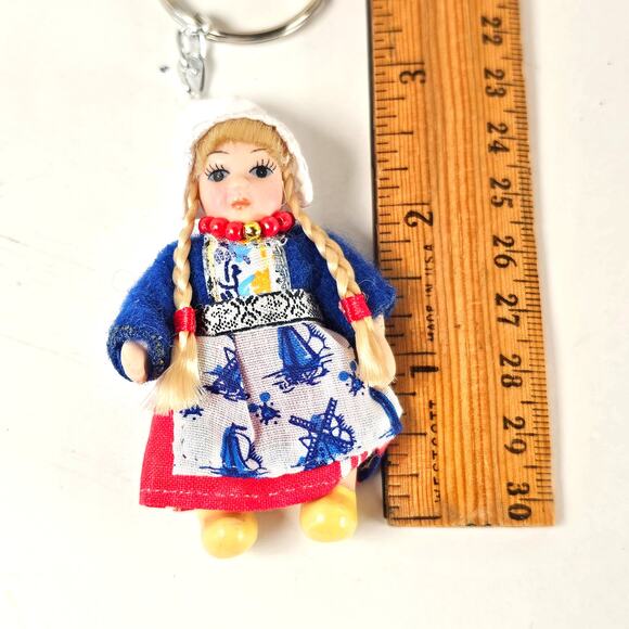 Vintage Dutch Girl Keychain Doll in Traditional Dress Braids Wooden Shoes 3" - Picture 7 of 11